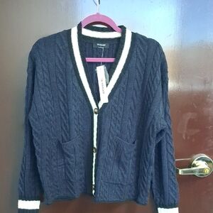 Workshop Republic Clothing Dark Blue Cable Knit Cardigan